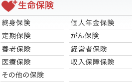 【生命保険】終身保険、個人年金保険、定期保険、がん保険、養老保険、経営者保険、医療保険、収入保障保険、その他の保険